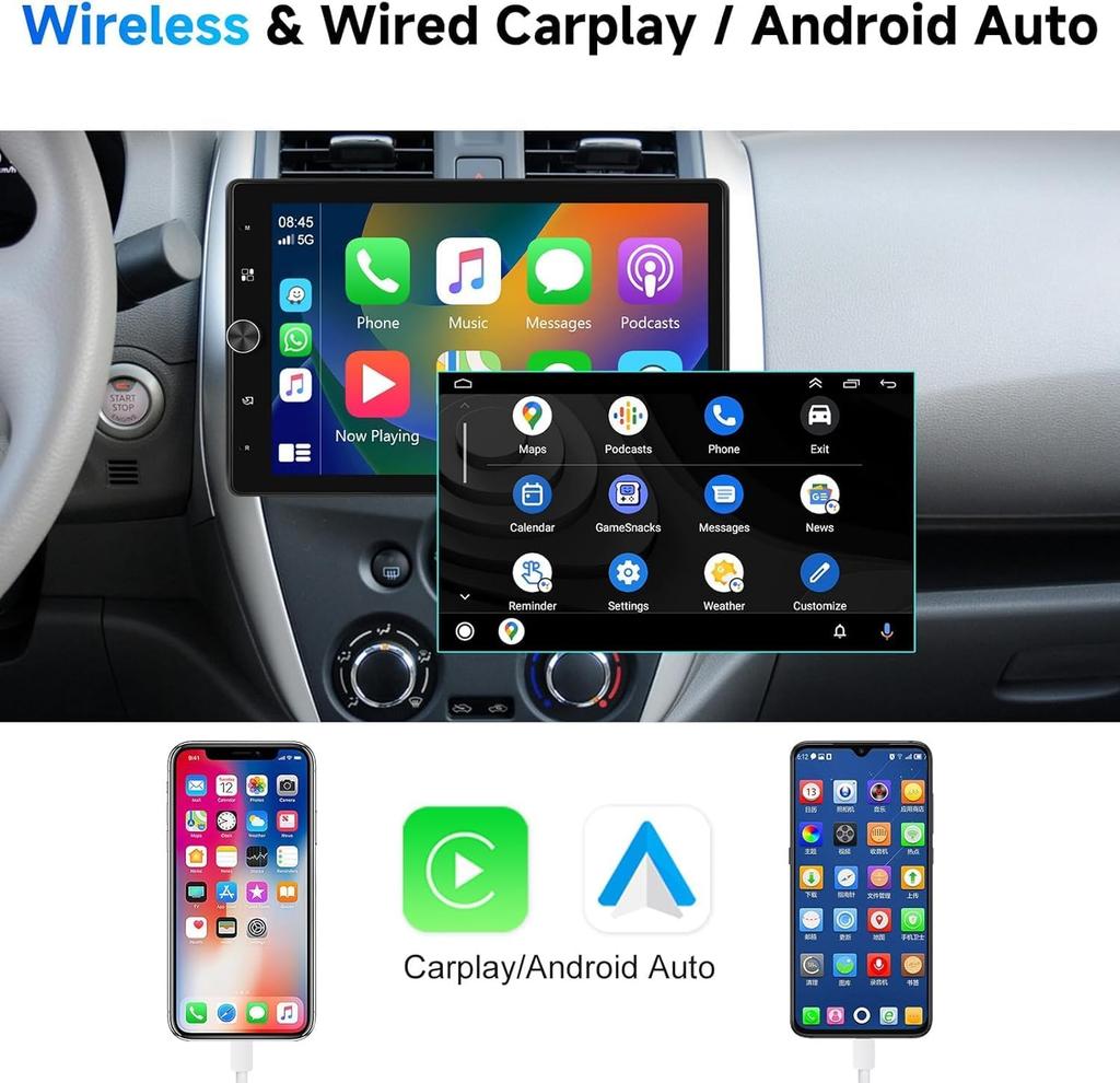 10.4' Car Stereo with Wireless CarPlay, Android Auto, Rotating Touch Screen, Bluetooth, FM, USB, TF, Backup Camera