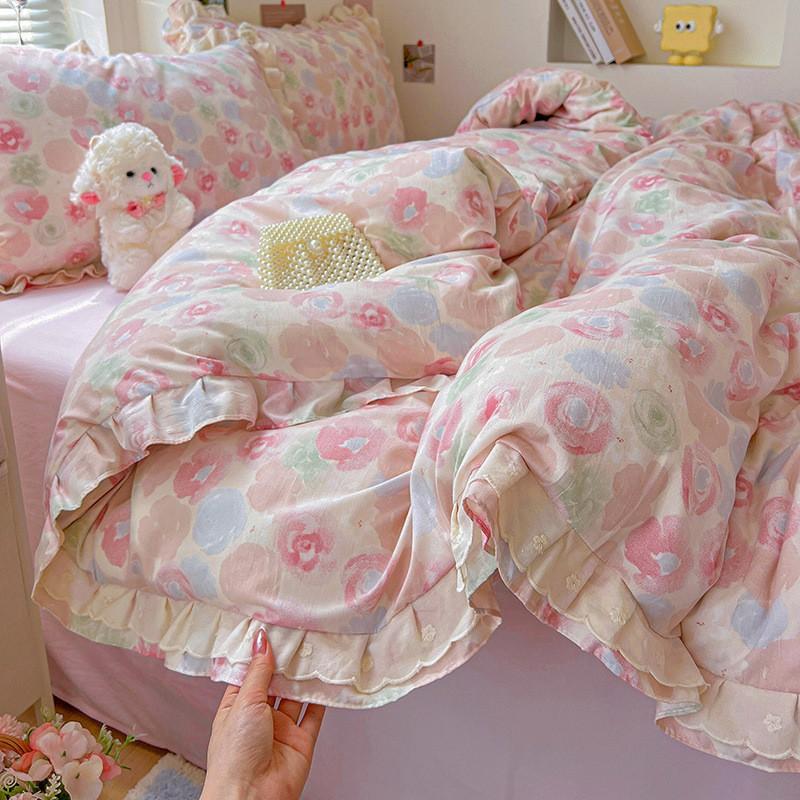 Washed Cotton Double Gauze Bedding Set Floral Ruffle Bed Sheets Bedroom