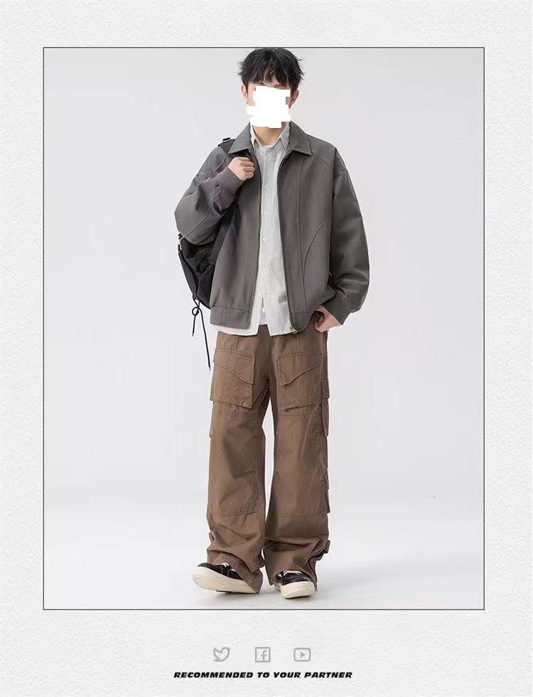 Men's American Retro Versatile Loose Jacket - Autumn Solid Color Fashion with Simple Lapel and Zipper