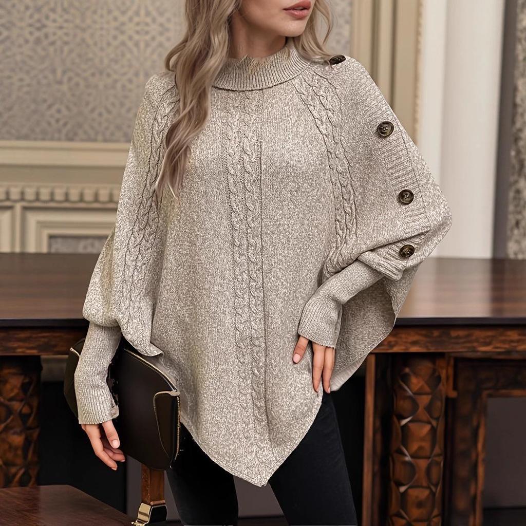 European and American Style Button-Decor Batwing Sleeve High Neck Knit Sweater for Autumn/Winter