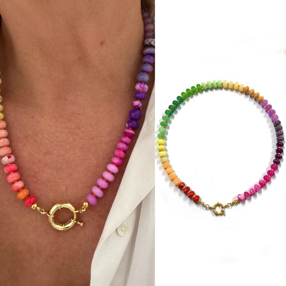 Yori New Rainbow Natural Stone Clavicle Chain Beach Holiday Necklace for Women Popular Waterproof Jewelry Gift