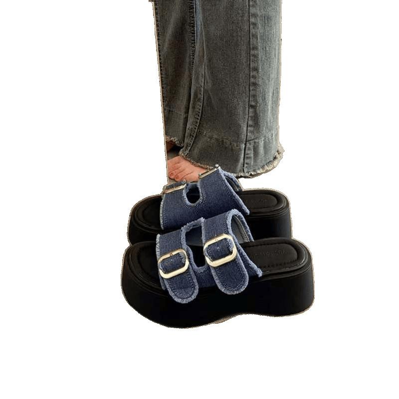 Thick-soled muffin sandals women's 2025 new versatile denim cloth slippers sports Roman sandals European goods trend increases women