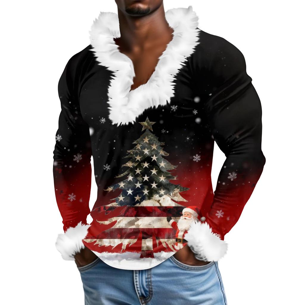 Herren Lässiges Weihnachten Bedrucktes Plüsch V-Ausschnitt und Fleece Langarm-Sweatshirt