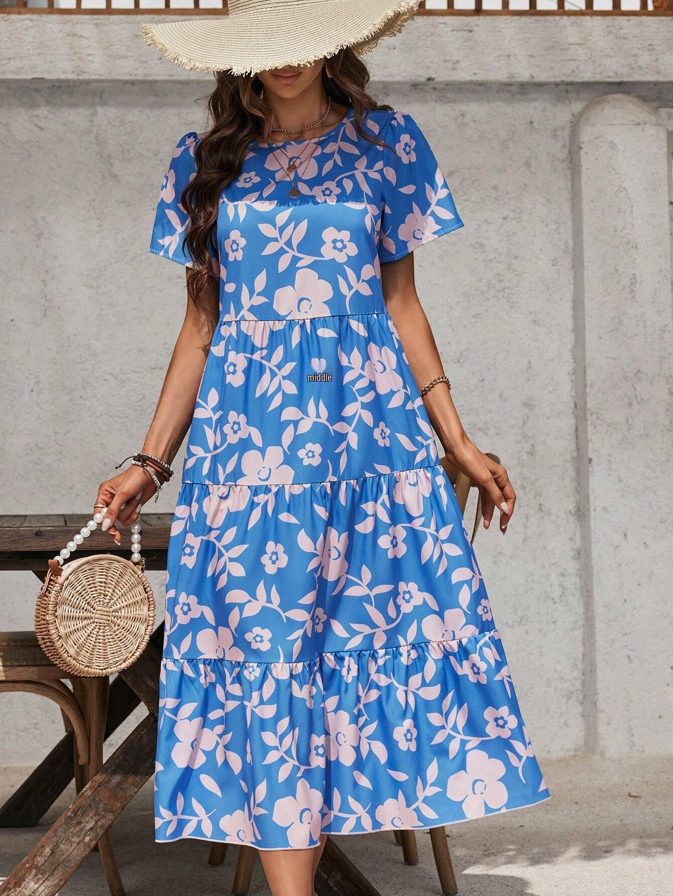 

2025 Элегантное длинное платье с цветочным принтом, оборками и лоскутной техникой для женщин M синий