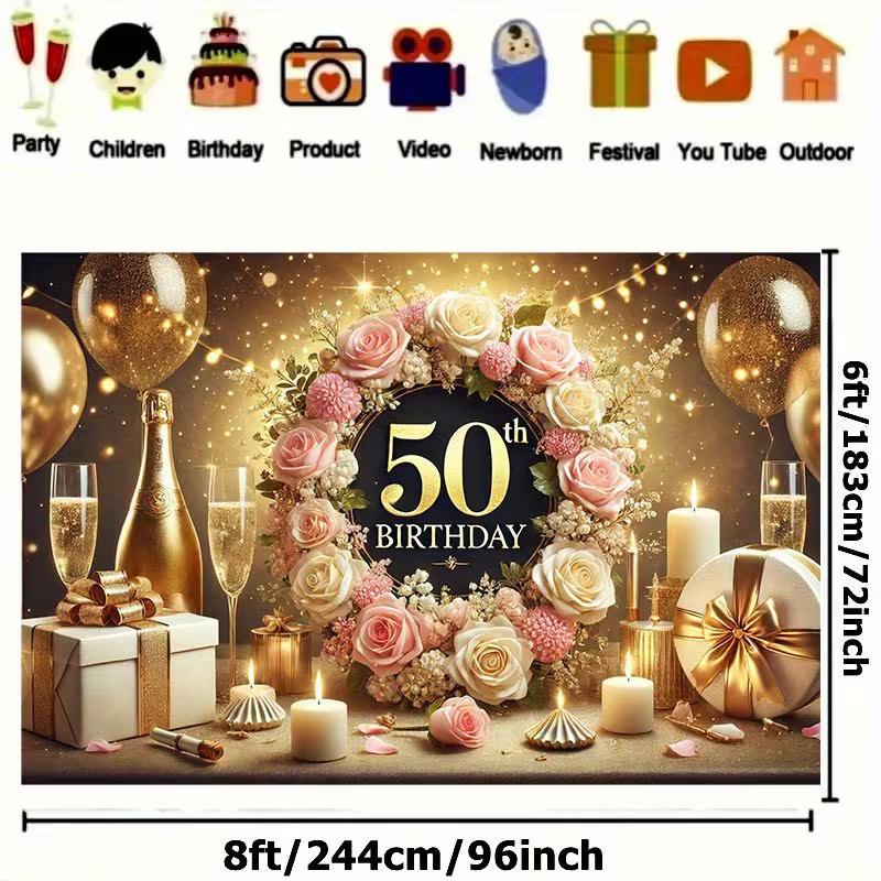 2D Elegant 50th Birthday Photography Backdrop, Rose Gold Floral Background