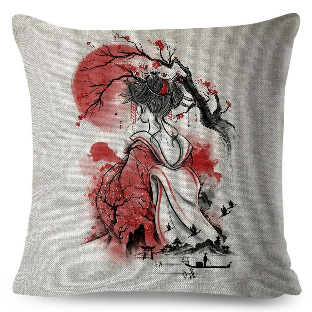 Japanese Style Ink Cushion Cover for Sofa Home Car Decor Beautiful Scenery Cat Girl Pillowcase Polyester Pillow Case 45x45cm