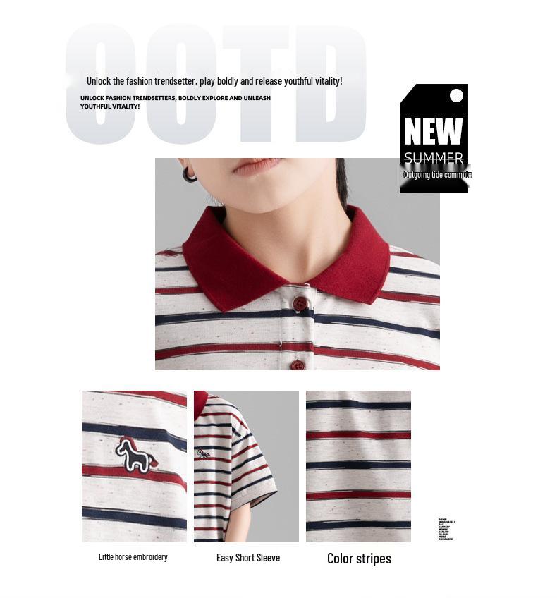 Boys' Striped Short-Sleeve Polo Shirt - Casual, Trendy Korean Style for Middle and Older Children