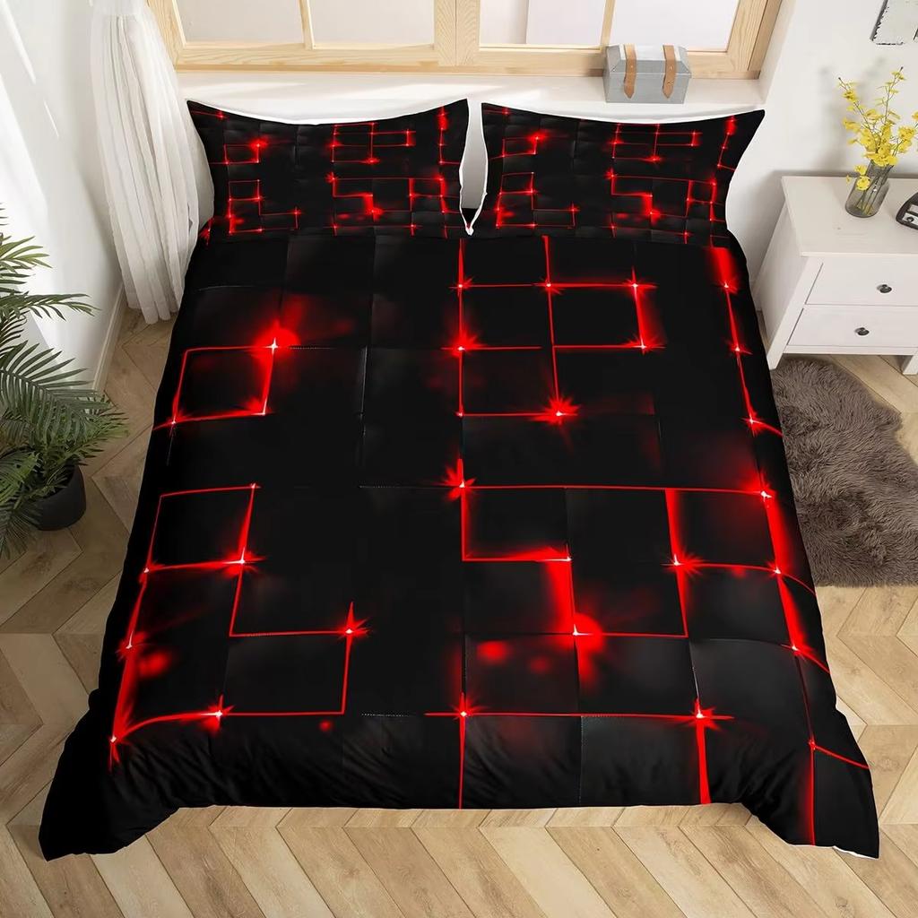 Black Square Geometric Duvet Cover Set 3D Square Pattern Comforter Cover Kids Teenagers Boys Bedroom Decor Blue Creative Bedding