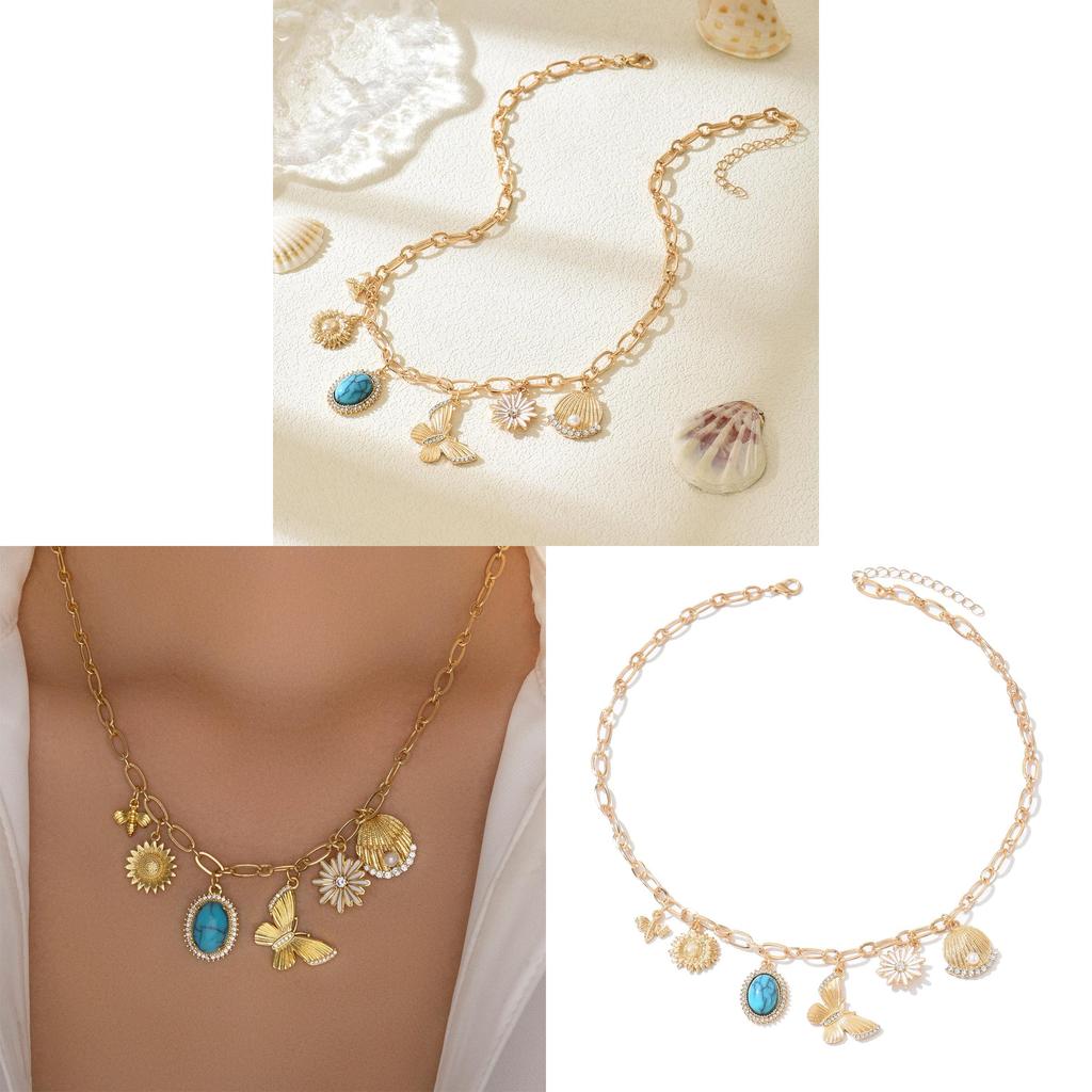 Butterfly Metal Pendant Necklace For Women Floral Summer Fashion Accessory