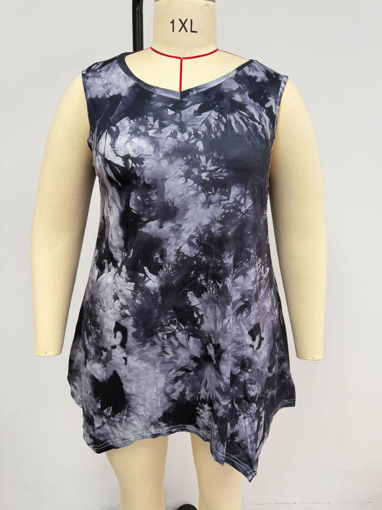 2026 Tie-Dye V-Neck Irregular Hem Plus Size Women's Sleeveless Top