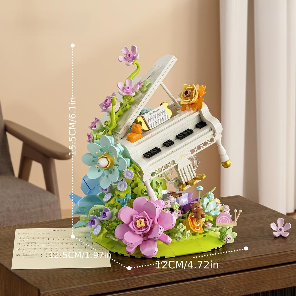 White Piano Flower Building Block Set, Decorative Items For Living Room, Room, Office, Christmas, Valentine'S Day, Halloween, New Year, Birthday Gifts