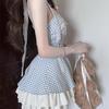 French summer new neck bow suspender dress female slim and thin plaid high waist tutu