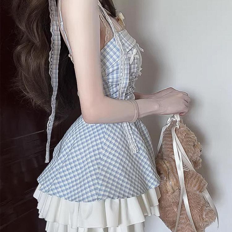 French summer new neck bow suspender dress female slim and thin plaid high waist tutu