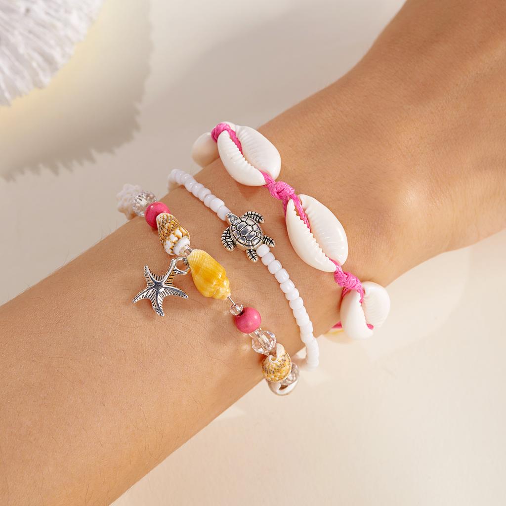 3 Peças Pulseira Estrela do Mar Concha Boêmia Para Mulheres Meninas Tartaruga Concha Corrente de Contas de Arroz Pulseira de Braço Festa na Praia de Verão Joias de Amizade
