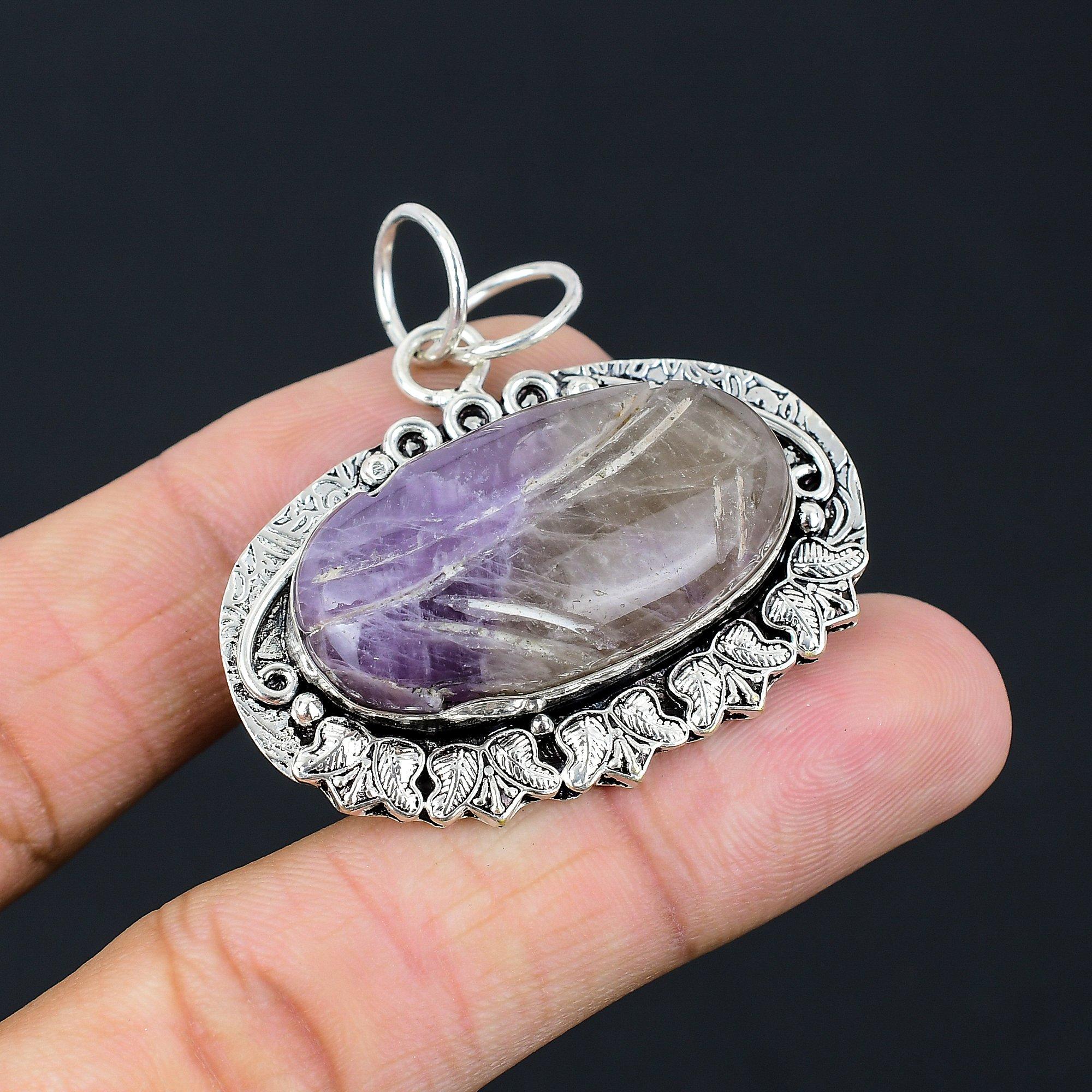 

Easter Sale Oval Natural Carved Star Amethyst Sister February Pendant 925 Silver