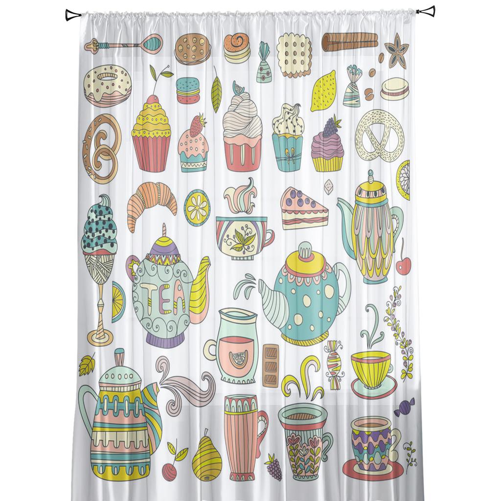 Teapot Pastry Fruit Teacup Flowers Sheer Curtains for Living Room Decoration Window Curtains Kitchen Tulle Voile Curtains