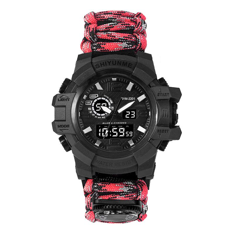 Men's Outdoor Survival Watch with Dual Display, Life-Saving Rope, Fire Starter, Whistle, and Compass