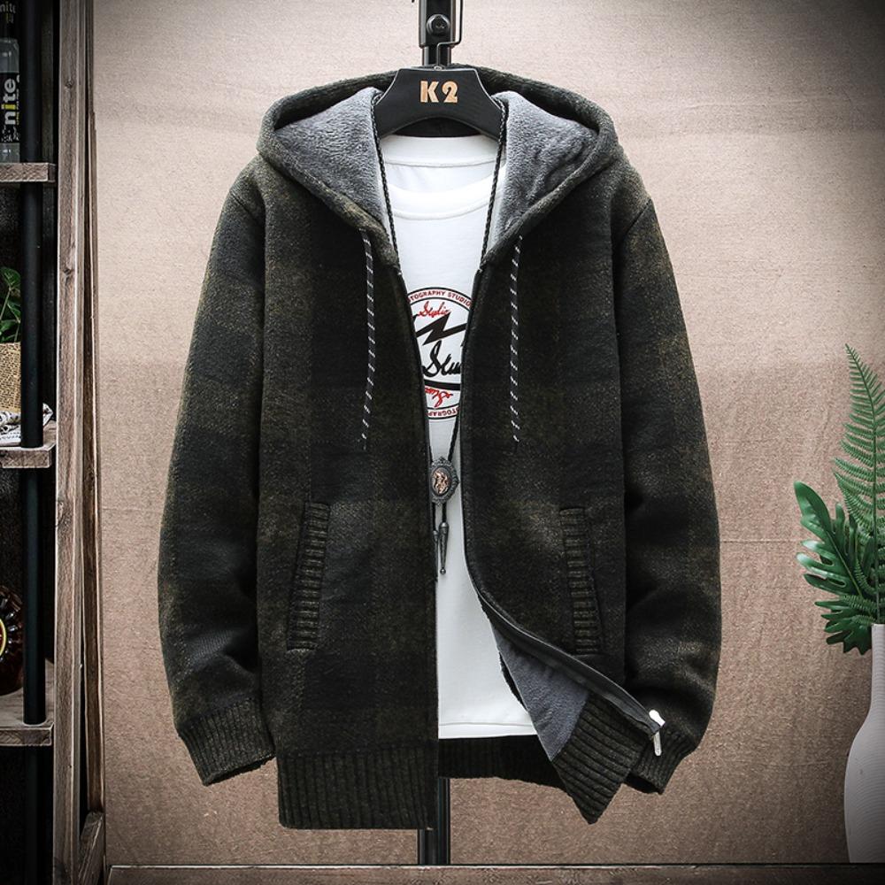 Knitted Cardigan Sweater Men's Jacket Loose Men's New Plaid Long-sleeved Sweatercoat Warm Jackets Winter