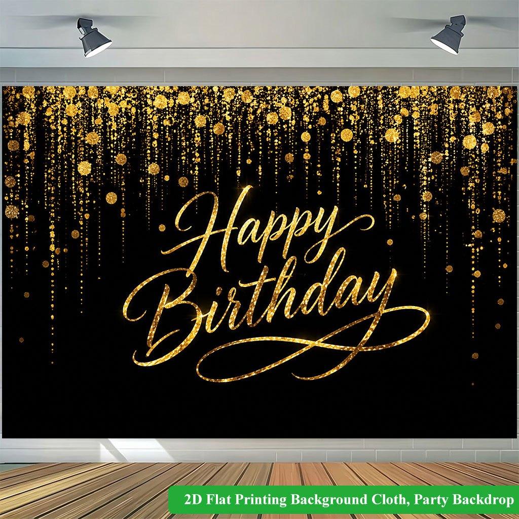 2D Flat Backdrop1pc Gold Decor Happy Birthday Backdrop Banner Polyester Wall Decor For Living Room Bedroom Office Outdoor Decor Holiday Gift