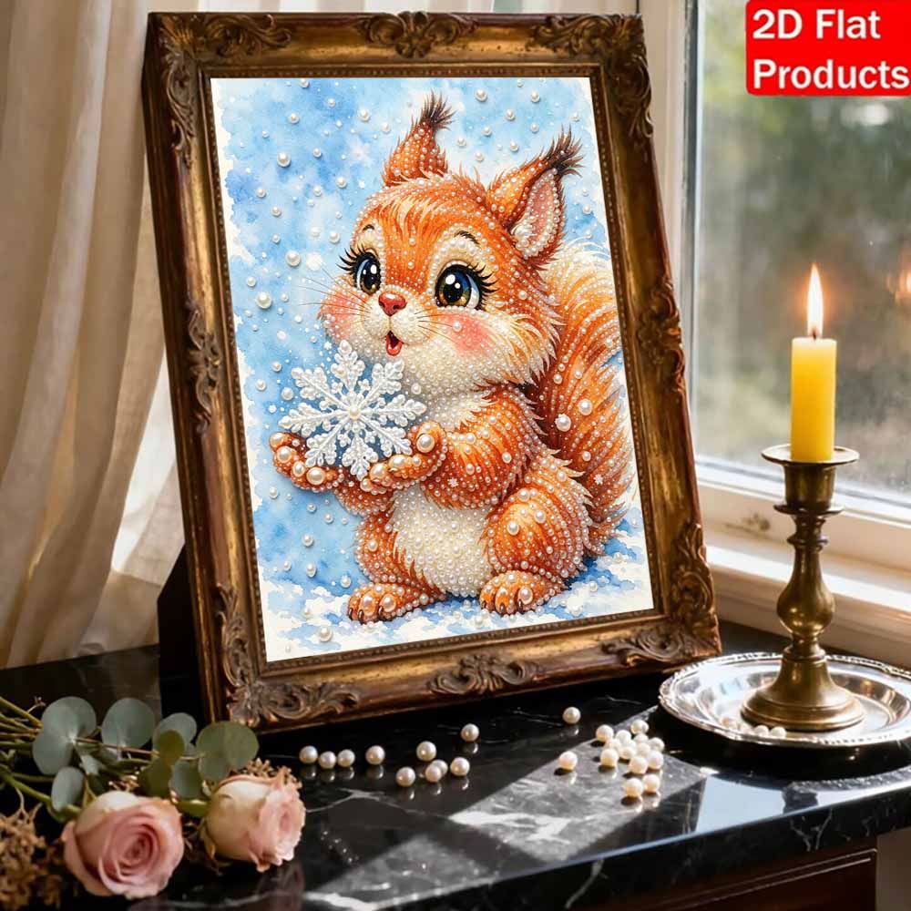 Handmade Framed Pearl Painting Set with Cute Squirrel Holding Snowflake Design 5D Shiny Bead Art Canvas Creative Craft for Room Decor
