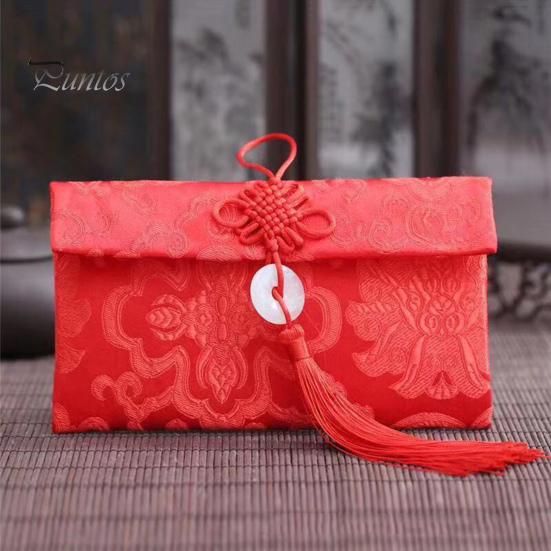 Faux Silk Red Envelope Chinese Wedding Red Pocket Lucky Money Hongbao Card Cash Envelope with Chinese Knot for New Year Spring Festival Wedding
