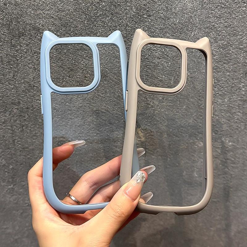 INS Cute Cartoon Cat Ear Clear Acrylic Case For iPhone 15 14 13 12 Pro Max 11 Soft Bumper Shockproof Transparent Hard Back Cover