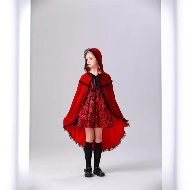 Halloween new children's Little Red Riding Hood drama costume cape red and black pattern dress