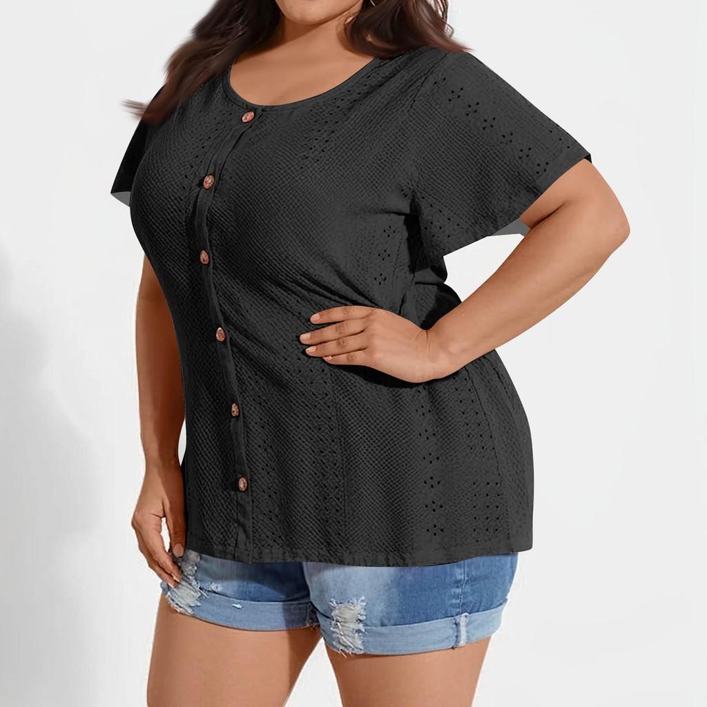 Plus Size Women's Fashion Casual Vintage Soild O-Neck Short Sleeve Button T-Shirt Top