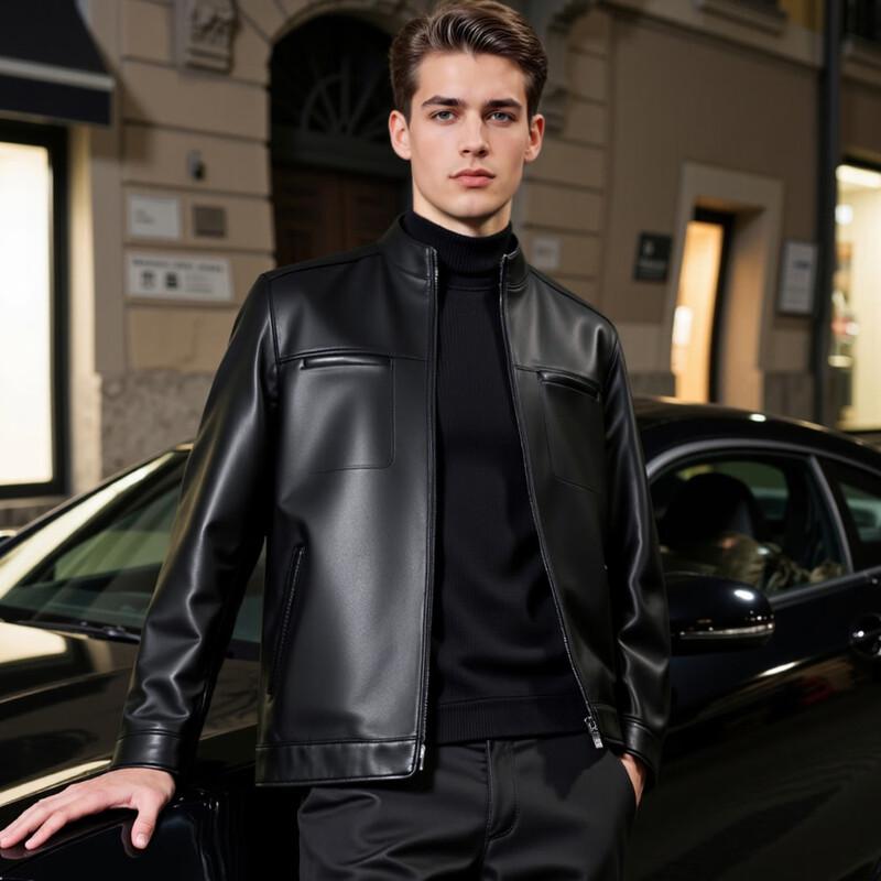 Men's Lambskin Stand Collar Motorcycle Leather Jacket