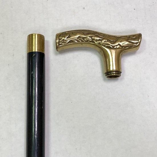 Art Deco Art Nouveau Brass Handle Black Lacquer Wooden Walking Stick Cane