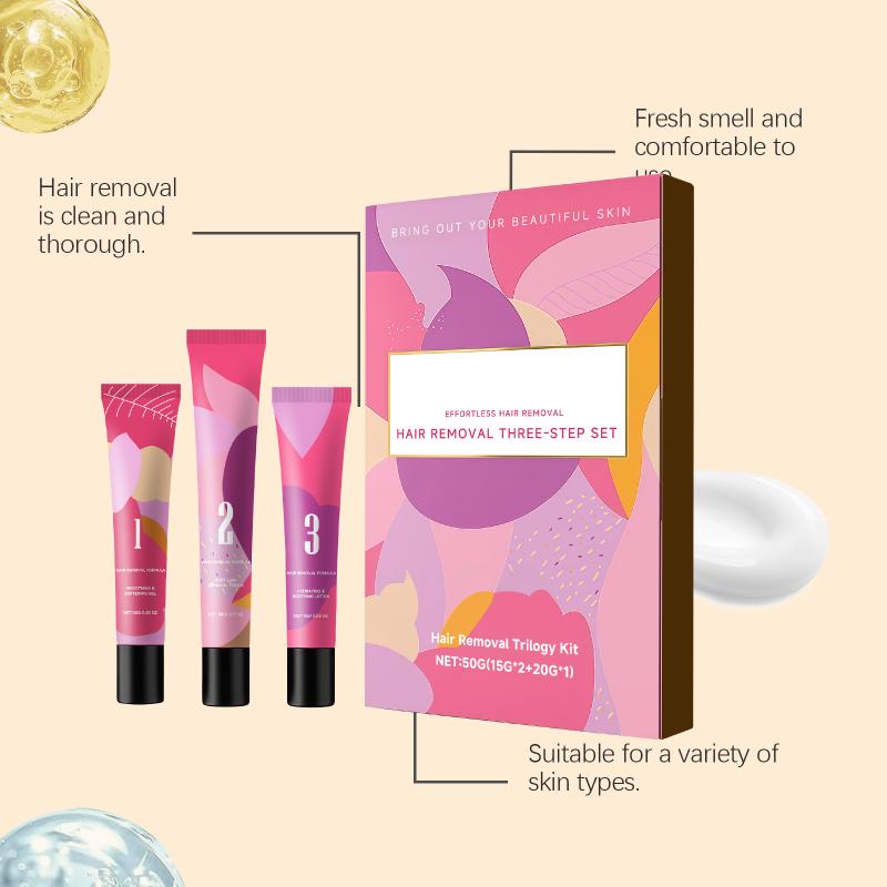 Women Facial Hair Removal Cream Kit Three Step Soft Skin Solution Home Use Gentle Cleansing Moisturizing