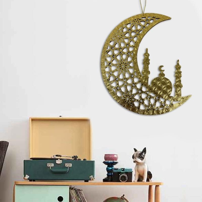 Eid Mubarak Home Decoration Golden Moon and Star Wood Holiday Pendant Decorative Hanging Ornament for Home Office