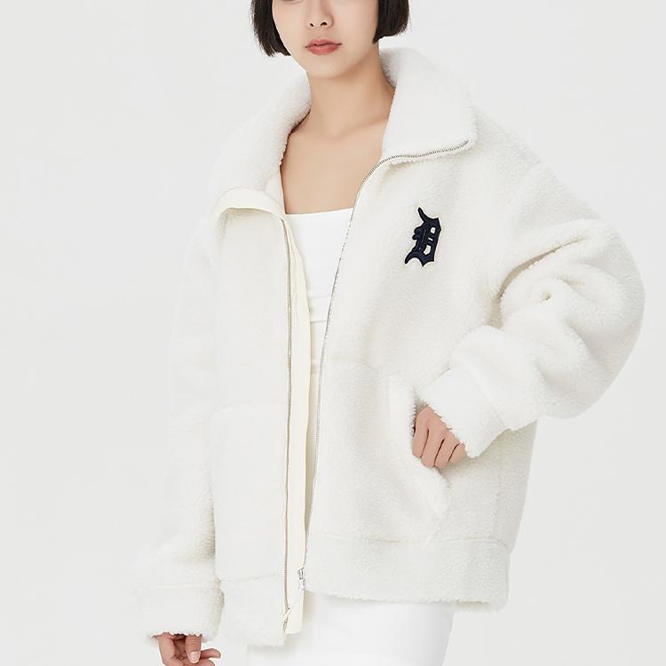 MLB Letter Print Fleece Jacket Unisex jackets Cream 3AFDB0326-46CRS