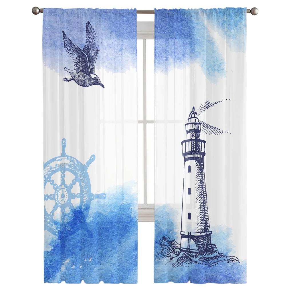 Sheer Watercolour Lighthouse Big Surf Seabird Curtains Living Room Bedroom Decoration Window Voiles Morning Tulle Curtain Polyester Washable Great