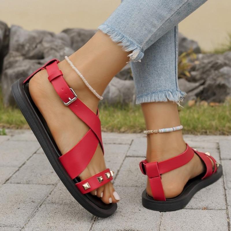 Fashion Summer New Sandals Women's Fashion Round Head Open Toe Rivets Metal Buckle Soft Sole Non-slip Flat Shoes