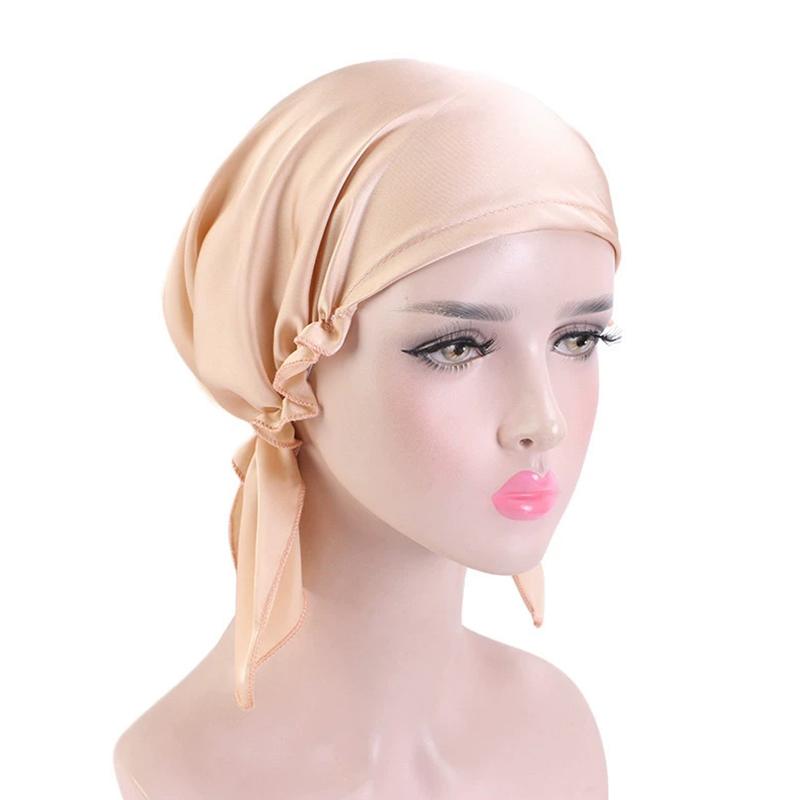 1Pc Women's Comfortable Headscarf Turban Head Cover Solid Color Hair Care Bonnet Hat Night Sleep Cap Imitated Silk