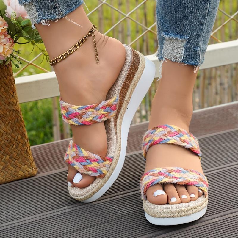 Fashion Bohemia Colorful Woven Strap Slip On Sandals Women Summer Round Toe Wedge High Heel Sandals Deodorization Fabric Insole Shoes