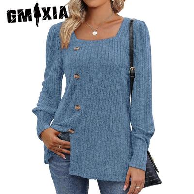 Autumn Winter Buckle Square Collar Long Sleeve Solid Color Women's T-shirt for Women