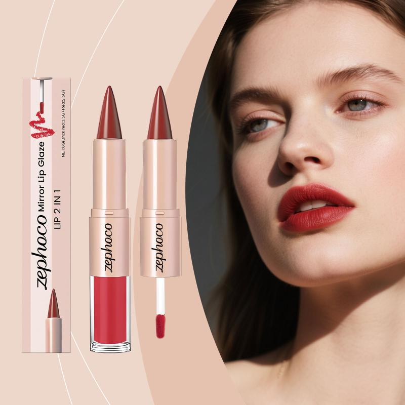 2 in Brick Red Lip Liner Pencil with Plumping Crystal Lip Gloss Double Head Makeup Kit for Full Lips Look All Day Glam
