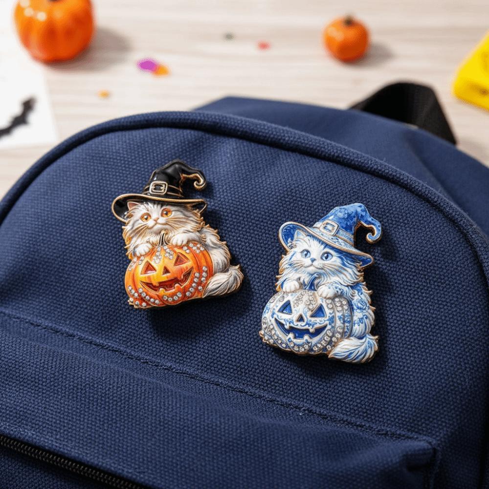 Shiny Halloween Cat Brooch Vibrant Colors Witch Hat Badge Cosplay Festival