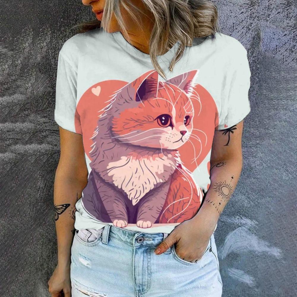 Summer Leisure T-shirt Women's T-shirt Cartoon Cat Pattern Print Fashion Print T-shirt Elegant Women's Short Sleeved T-shirt
