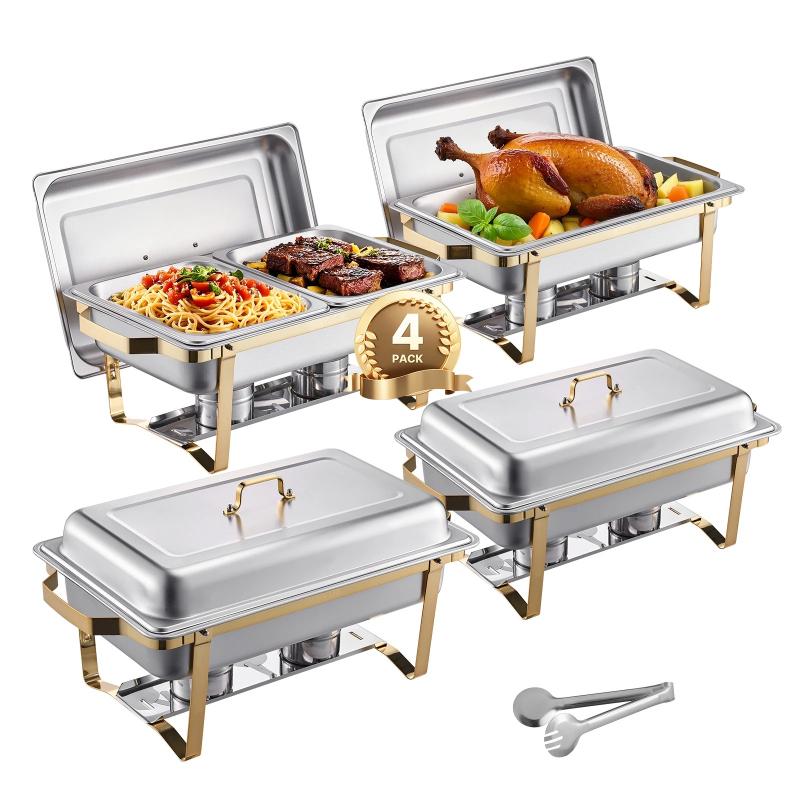 Set di 4 Chafing Dish per Buffet Acciaio Inossidabile Chafer con 2 Teglie Formato Intero e 4 Teglie Mezzo Formato Scaldavivande per Catering