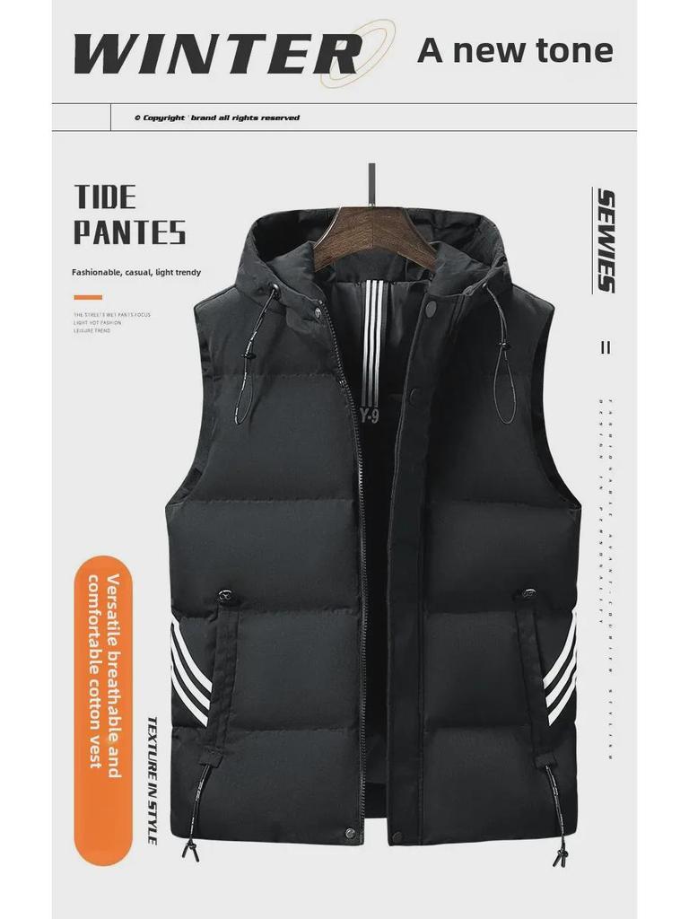 Pánská zimní vesta s kapucí slim fit - Velká velikost, mladistvý styl, všestranná vesta s designem tří pruhů.