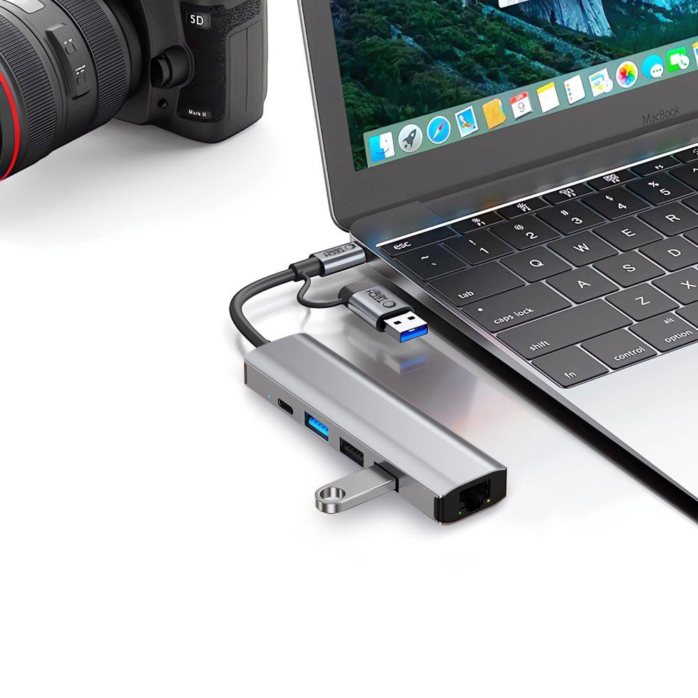Tech-Protect Hb03 Hub Adapter 5In1 Type-C + Usb2.0 + Usb3.0 + Rj45 Space Grey