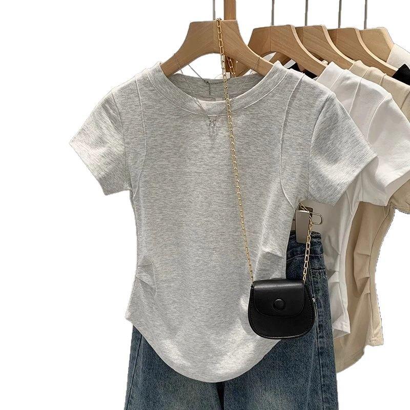 Women's Slim-Fit Black Fishbone Straight-Shoulder T-Shirt – 92% Cotton, 8% Spandex Summer Top