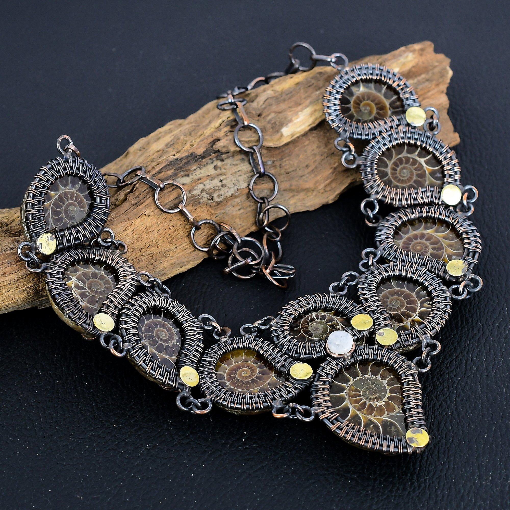 

Ammonite Fossil 999 Copper Wire Wrapped Necklace with Adjustable Chain, Handmade Gemstone Jewelry Necklace For Memorial Day