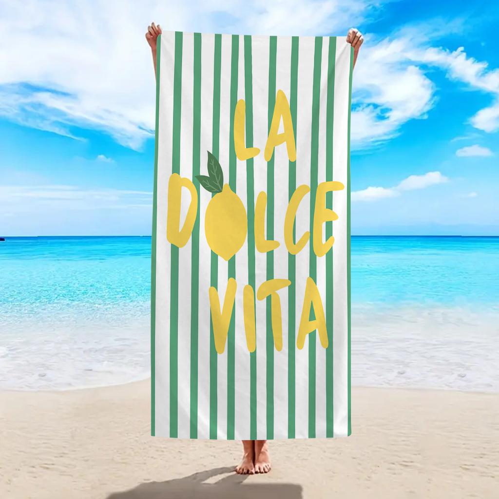1pc striped lemon "La Dolce Vita" printed beach towel, a multifunctional beach towel suitable for camping, vacation and swimming
