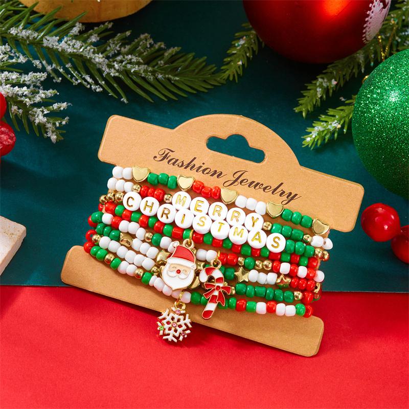 Christmas Multi-Layer Colorful Beaded Bracelet For Women Santa Claus Snowman Reindeer Snowflake Polymer Clay Bangle Jewelry
