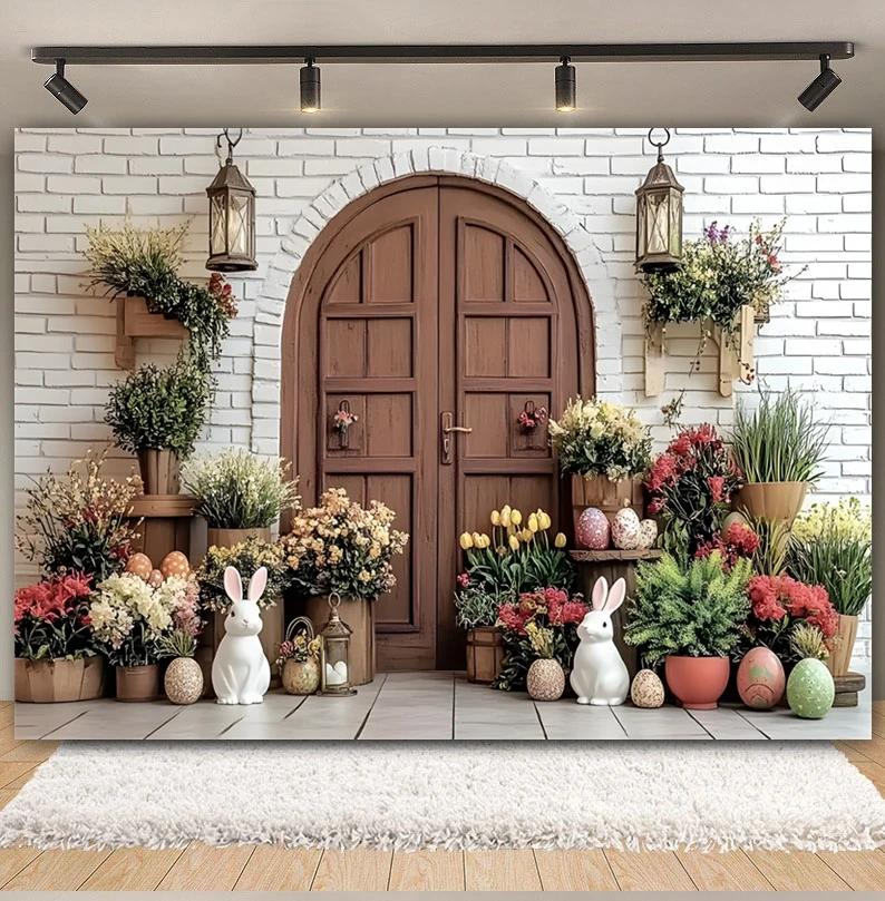 Easter white brick wall flower rabbit Easter egg shooting Backdrop spring flower wall children's birthday party banner Backdrop