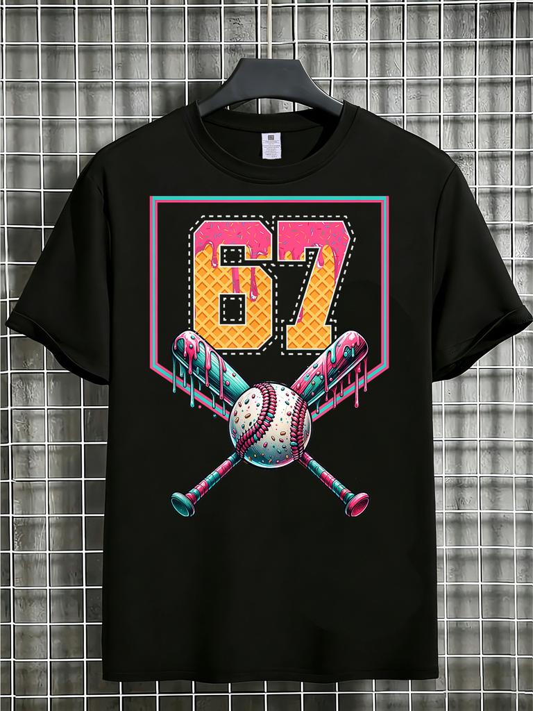 Unisex White Tee Sweet Ice Cream Number 67 Baseball Graphic Print Crew Neck Short Sleeve Summer Casual Male Cotton Street Daily Top